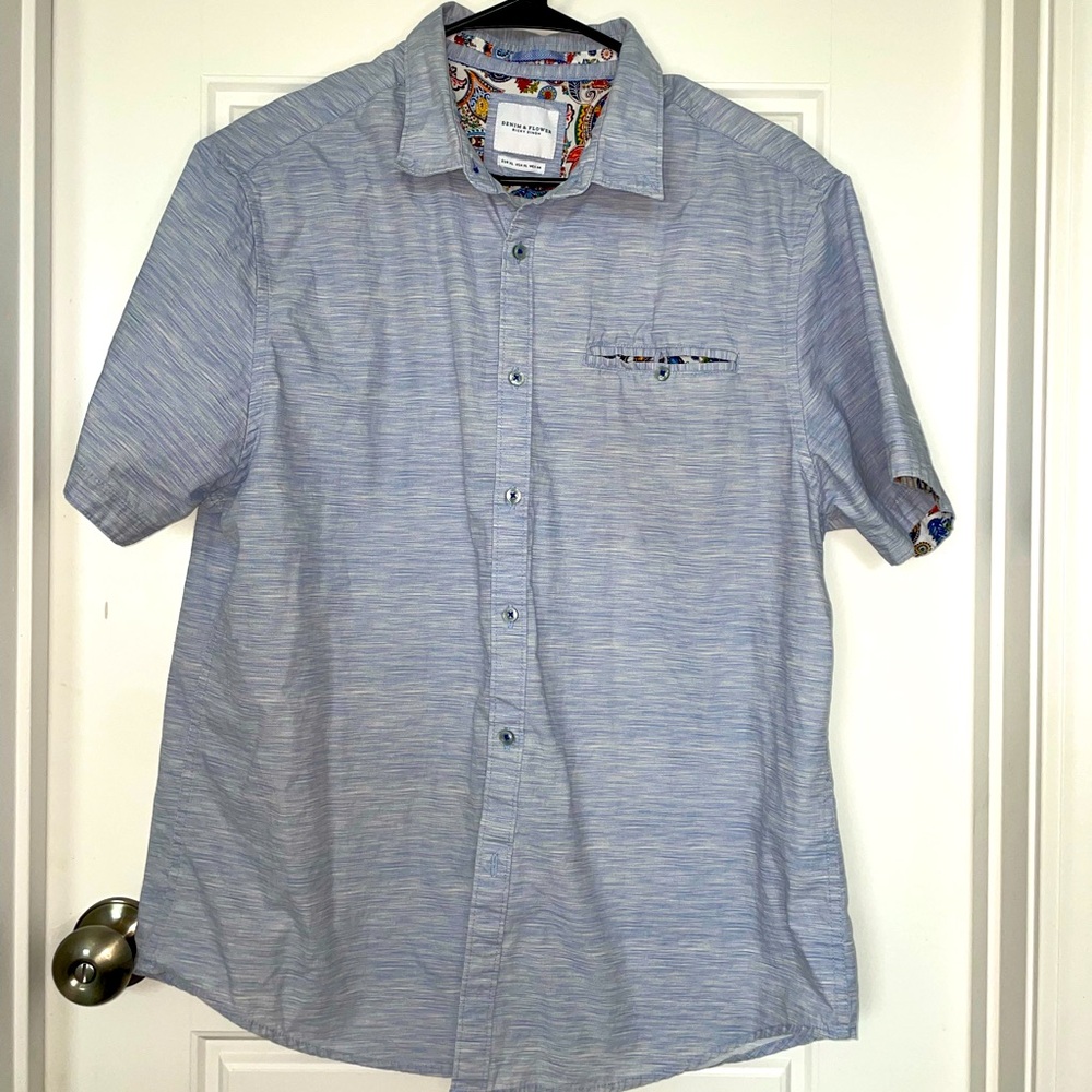 Men’s XL Heathered Blue Denim & Flower Button Down with Paisley Accent